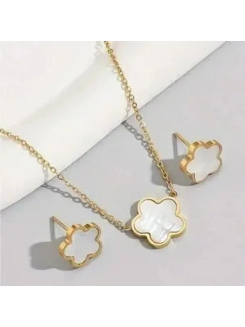 Gold Stainless Steel Flower Necklace Matching Earring Set